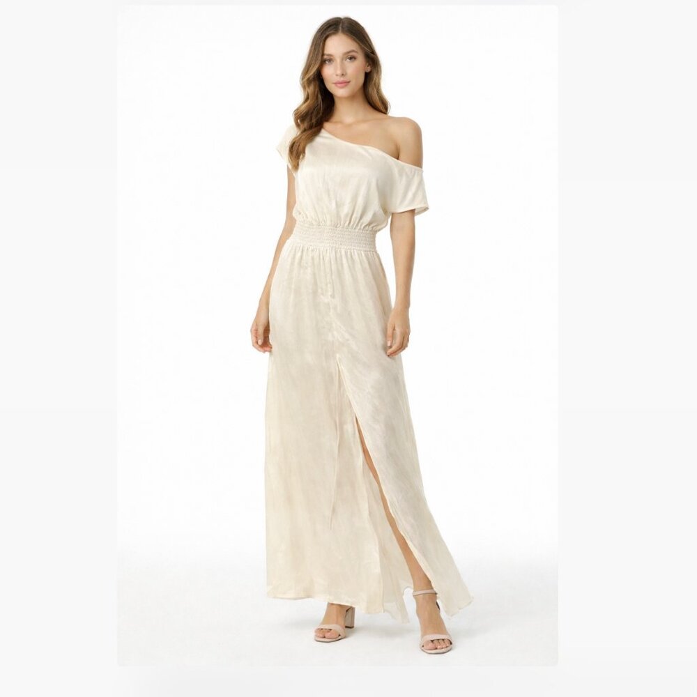 ALEXIS White 100% Silk Maxi Boat Neck Drape Slit Tie Dress Size M